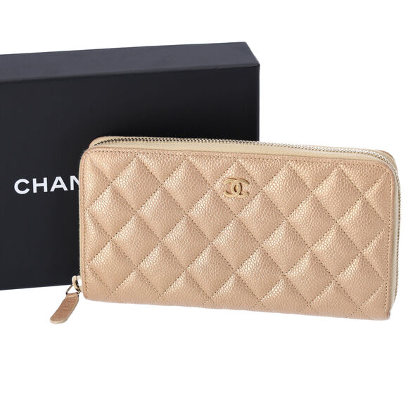 CHANEL Matelasse Classic Quilted Long Zip Around Wallet Gold Caviar Leather - Picture 1 of 7